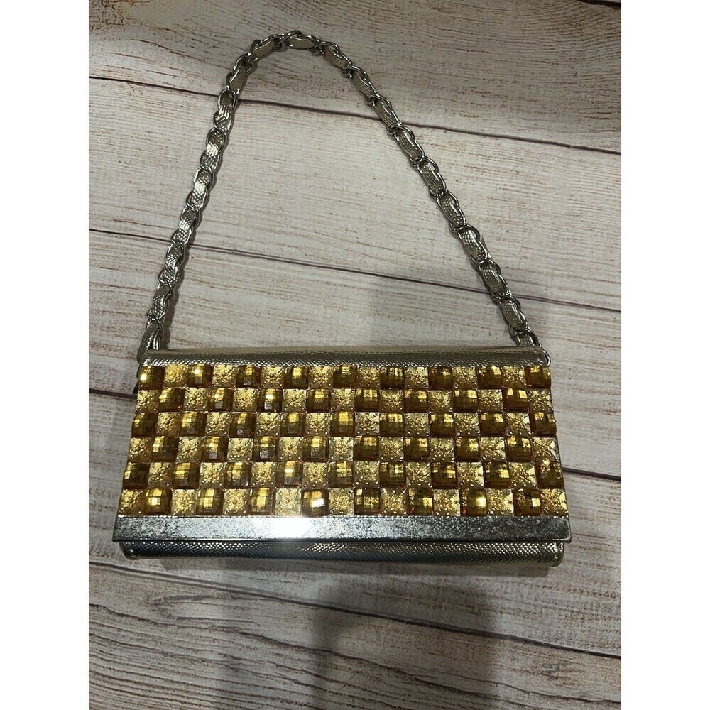 Amber Tone Metal Rhinestone  Clutch Slim Evening Bag Vintage